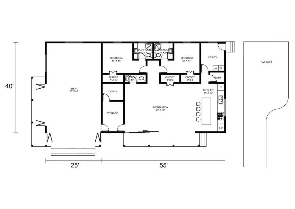 40x80 Barndominium Floor Plans With Shop Example 1 - Plan 001