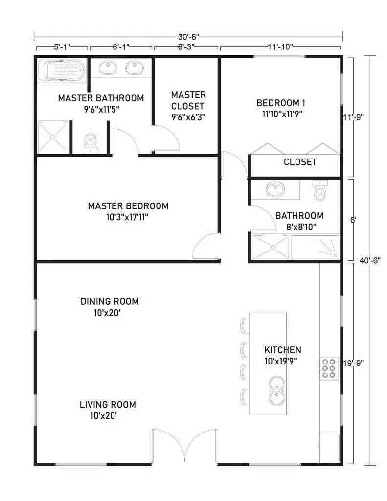 30x40 Barndominium Example 1-Plan 031