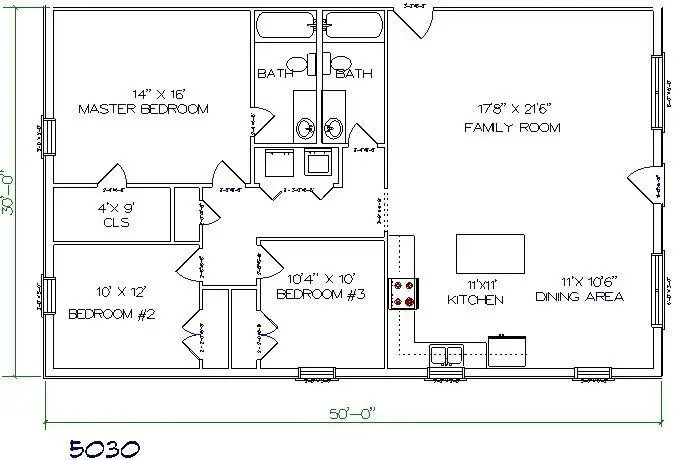 30x50 Barndominium floor plan Example