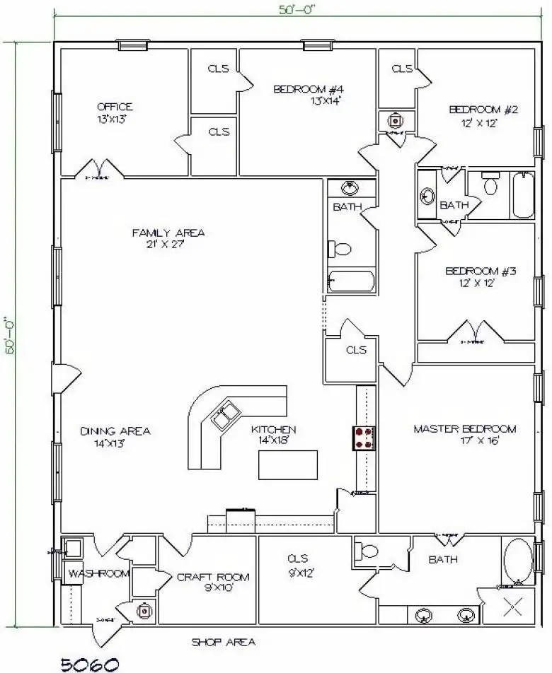 50x60 4 Bedroom Barndominium Floor Plans