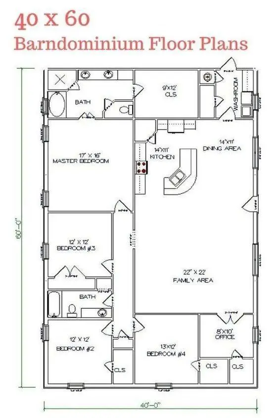 40x60 4 Bedroom Barndominium Floor Plan