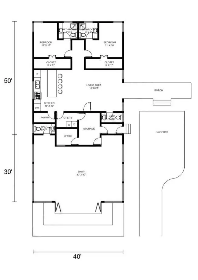 40x80 Barndominium Floor Plans With Shop Example 3-Plan 003