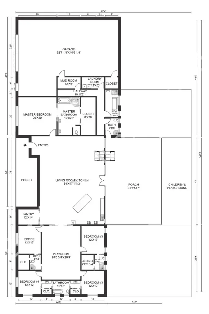 5 Bedroom Barndominium Floor Plan Example 1-Plan O76