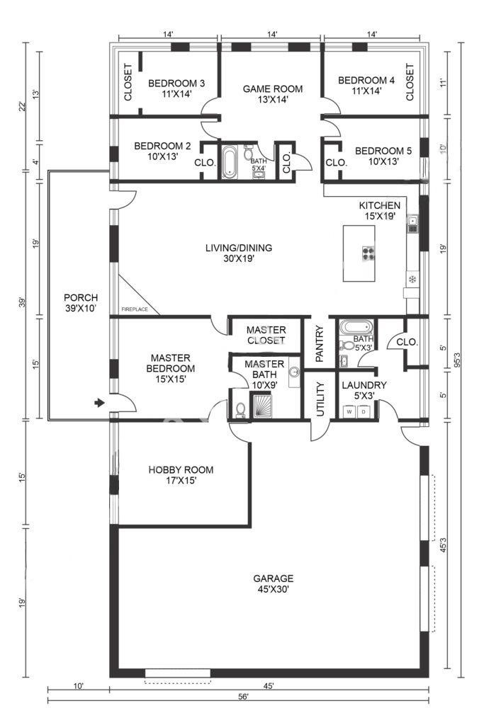 5 Bedroom Barndominium Floor Plans Example 4 - Plan 079.
