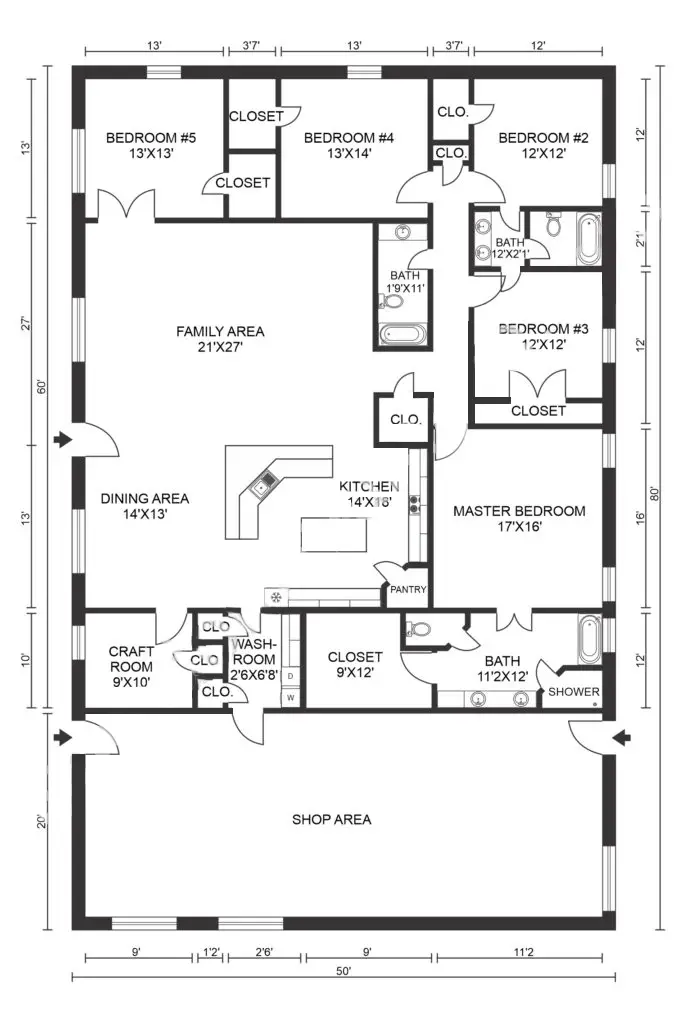 5 Bedroom Barndominium Floor Plans Example 5-Plan 080