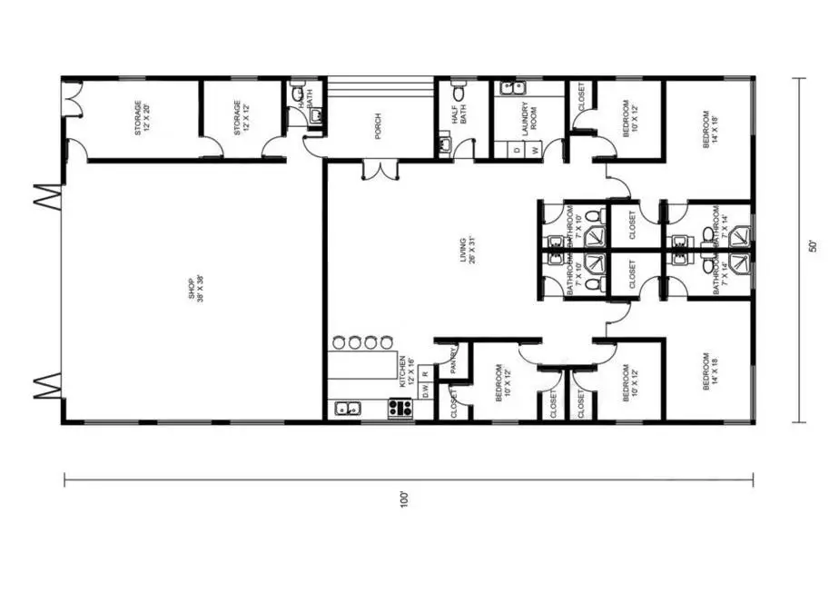 50x100 Barndominium Floor Plan Example 2-Plan 047