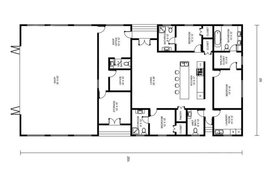 50x100 Barndominium Floor Plan Example 3