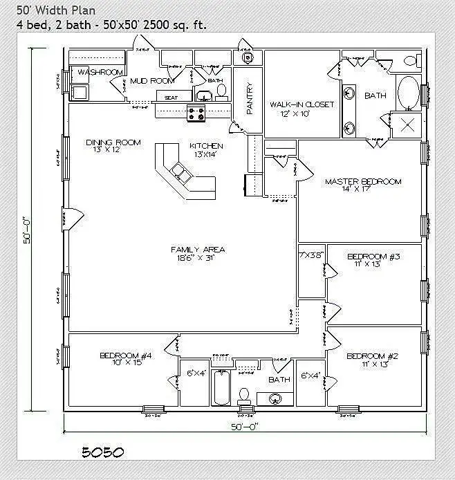 50x50 Barndominium Floor Plan Example 1-Plan 018