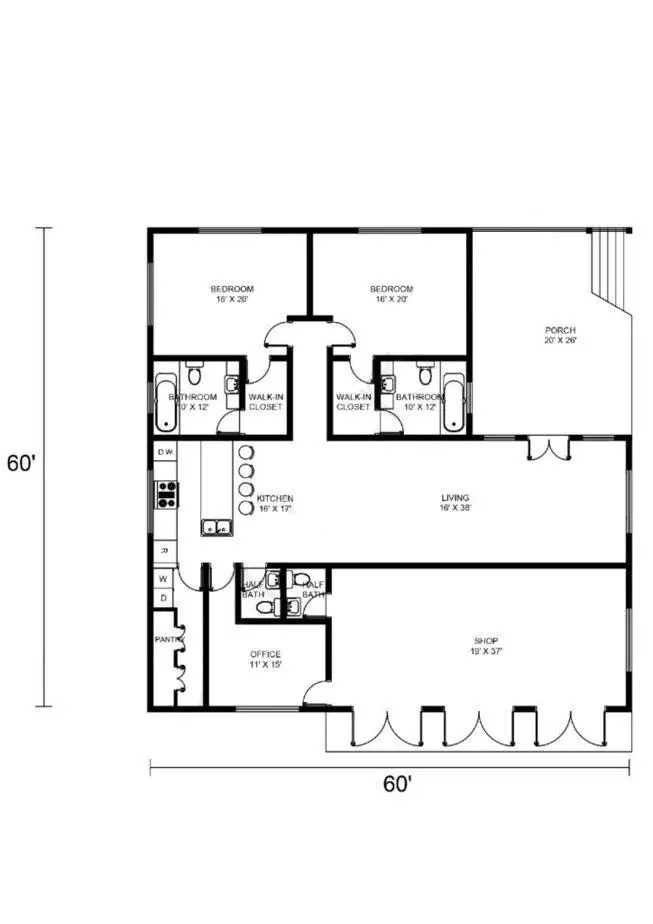 60x60 Barndominium Example 4-Plan 025