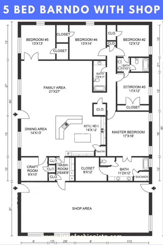 Barndominium Floor Plans with 5 Bedrooms- 110