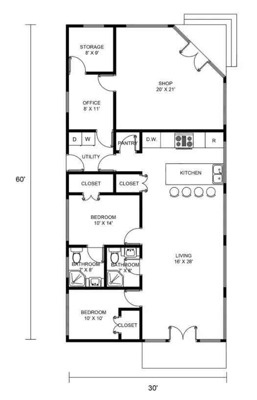 30x60 barndominium floor plans with shop Example 1 – Plan-164