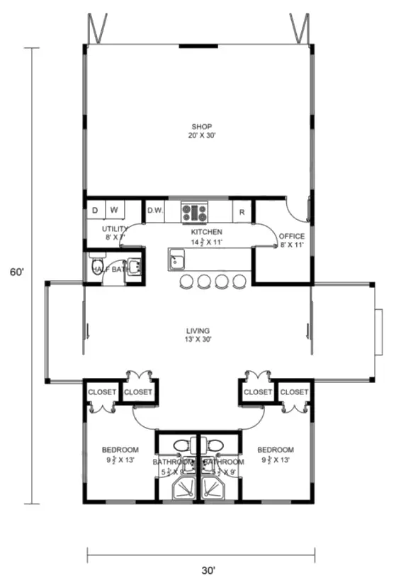 30x60 barndominium floor plans with shop Example 3 –Plan-166