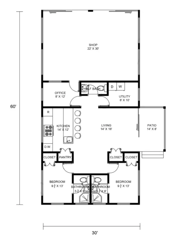 30x60 barndominium floor plans with shop Example 4 –Plan-167