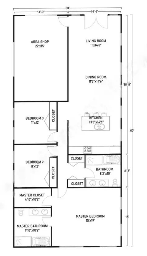 30x60 barndominium floor plans with shop Example 5 –Plan-168
