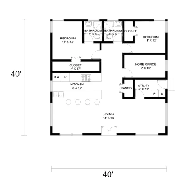 40x40 barndominium floor plan Example 2 –Plan-173