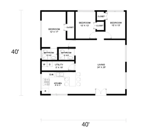 40x40 barndominium floor plan Example 7 –Plan-178