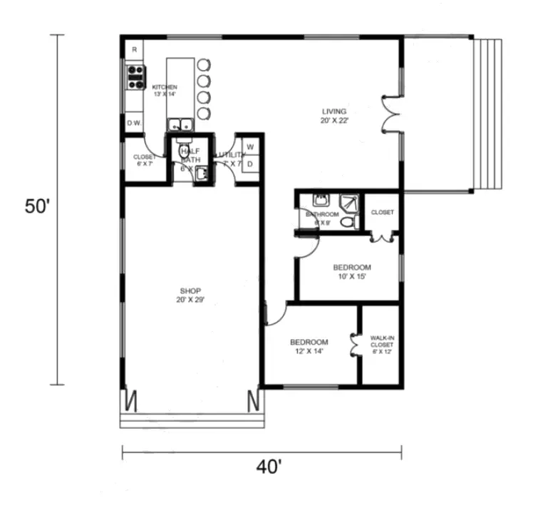 40x50 barndominium floor plan Example 2 –Plan-181