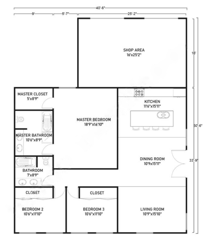 40x50 barndominium floor plan Example 7 –Plan-186