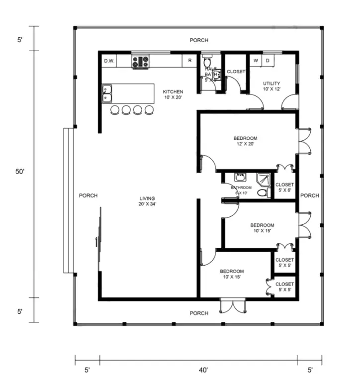 Barndominium with wrap around porch with Classic Drawing Example 9 Plan-145