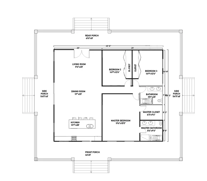 Barndominium with wrap around porch with Master Bedroom Example 3 Plan-140
