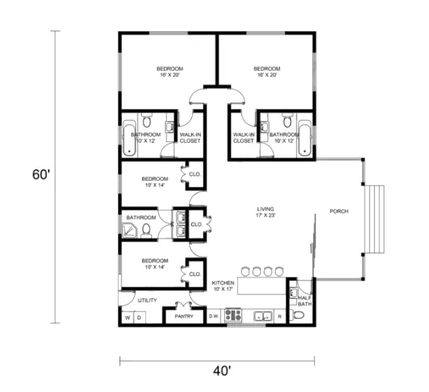 60x40 Single Story Barndominium 
Floor Plan