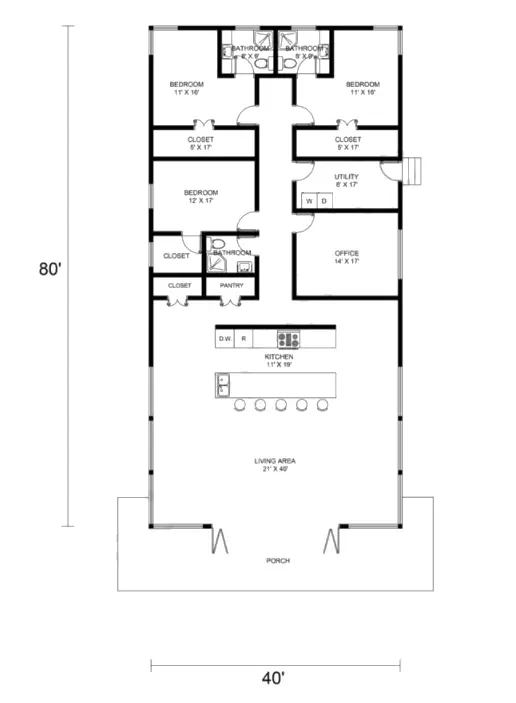 80x40 Single Story Barndominium 
Floor Plan