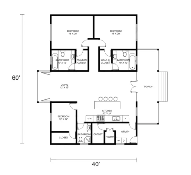 60x40 Single Story Barndominium 
Floor Plan